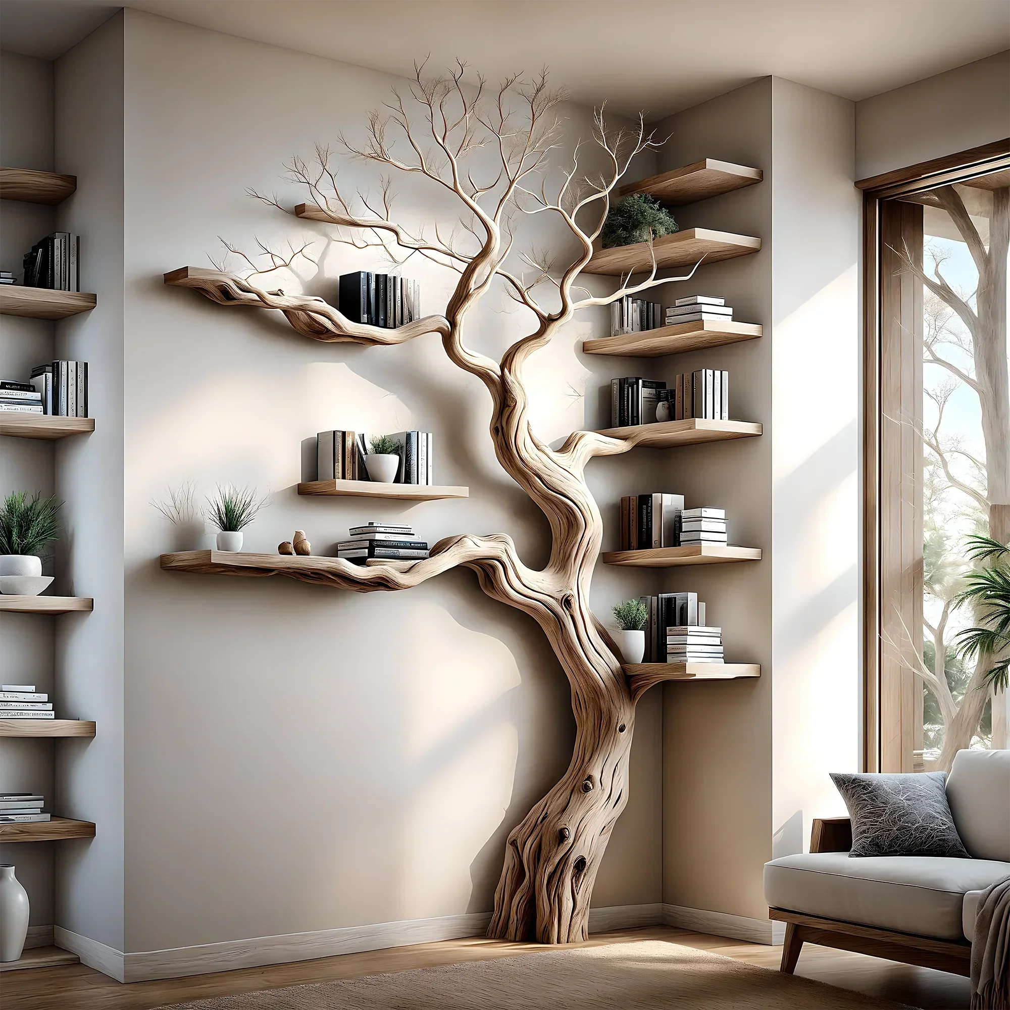 Solid perennial wood bookshelf, floating shelf, tree-shaped bookshelf