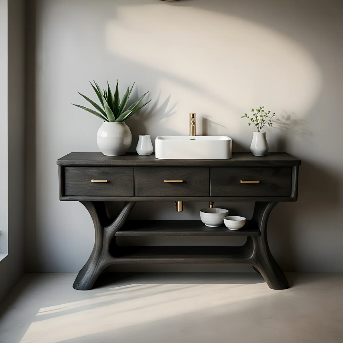 Solid Wood Bathroom Vanity with Sculpted Base & Storage Drawers - Rustira