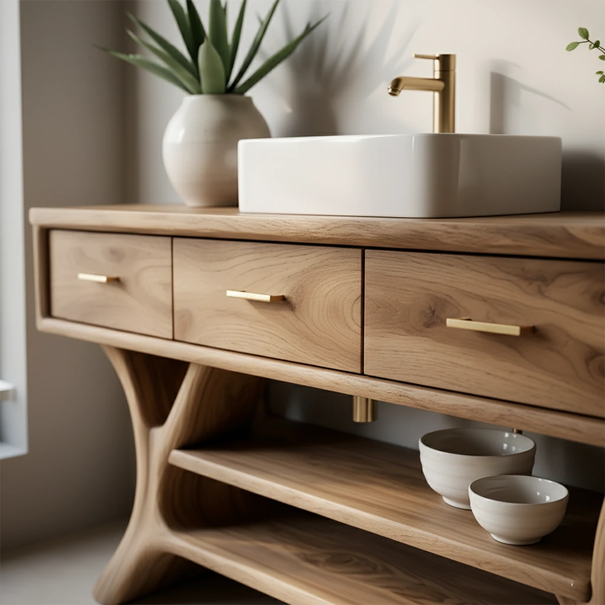 Solid Wood Bathroom Vanity with Sculpted Base & Storage Drawers - Rustira