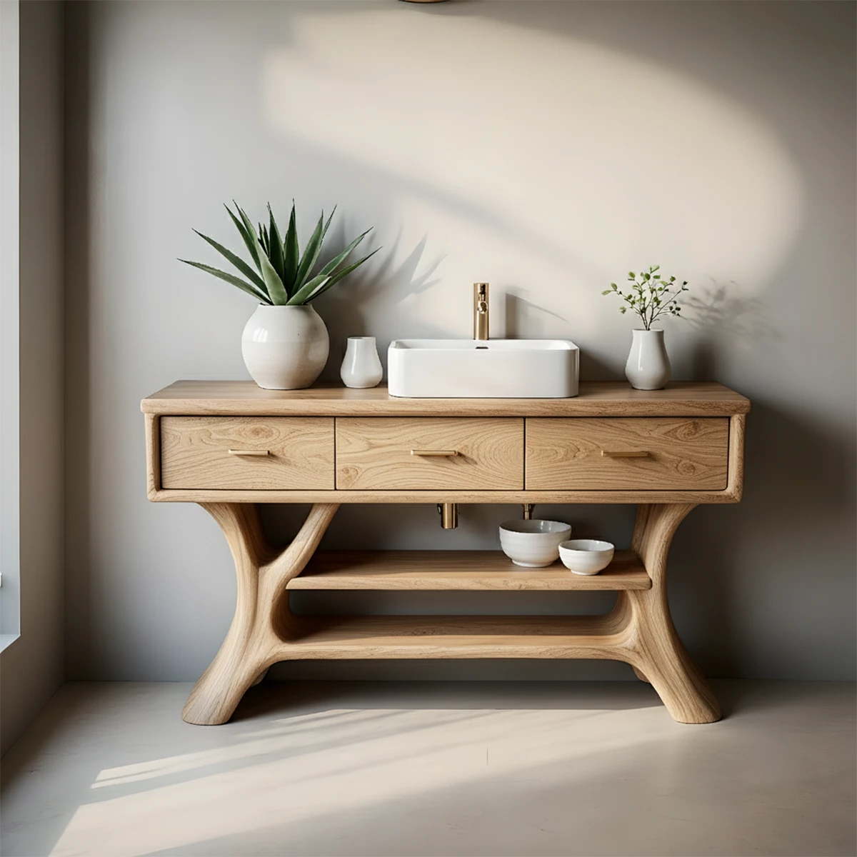 Solid Wood Bathroom Vanity with Sculpted Base & Storage Drawers - Rustira