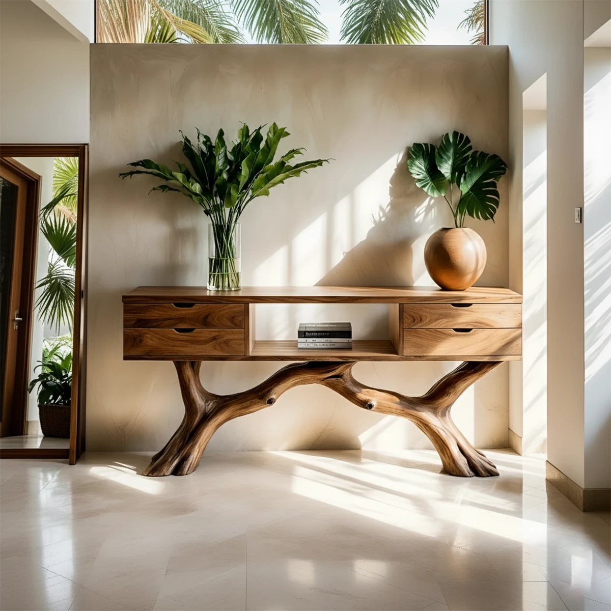 Solid Wood Console Table with Branch-Form Base & Storage Drawers - Rustira