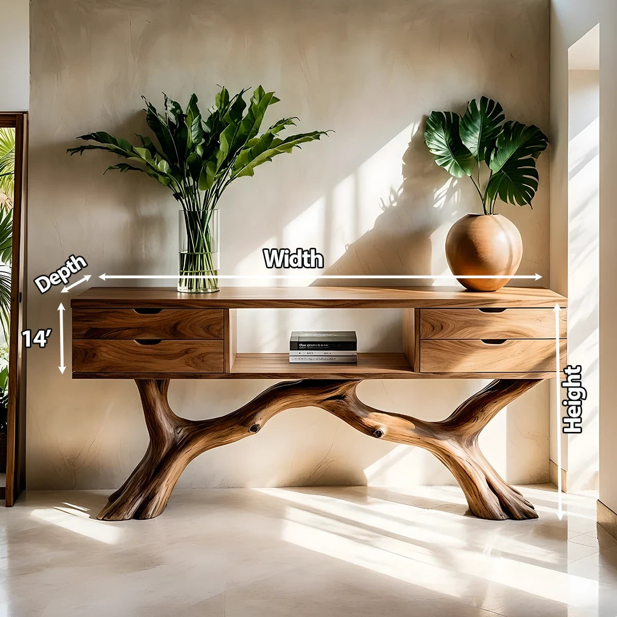 Solid Wood Console Table with Branch-Form Base & Storage Drawers - Rustira