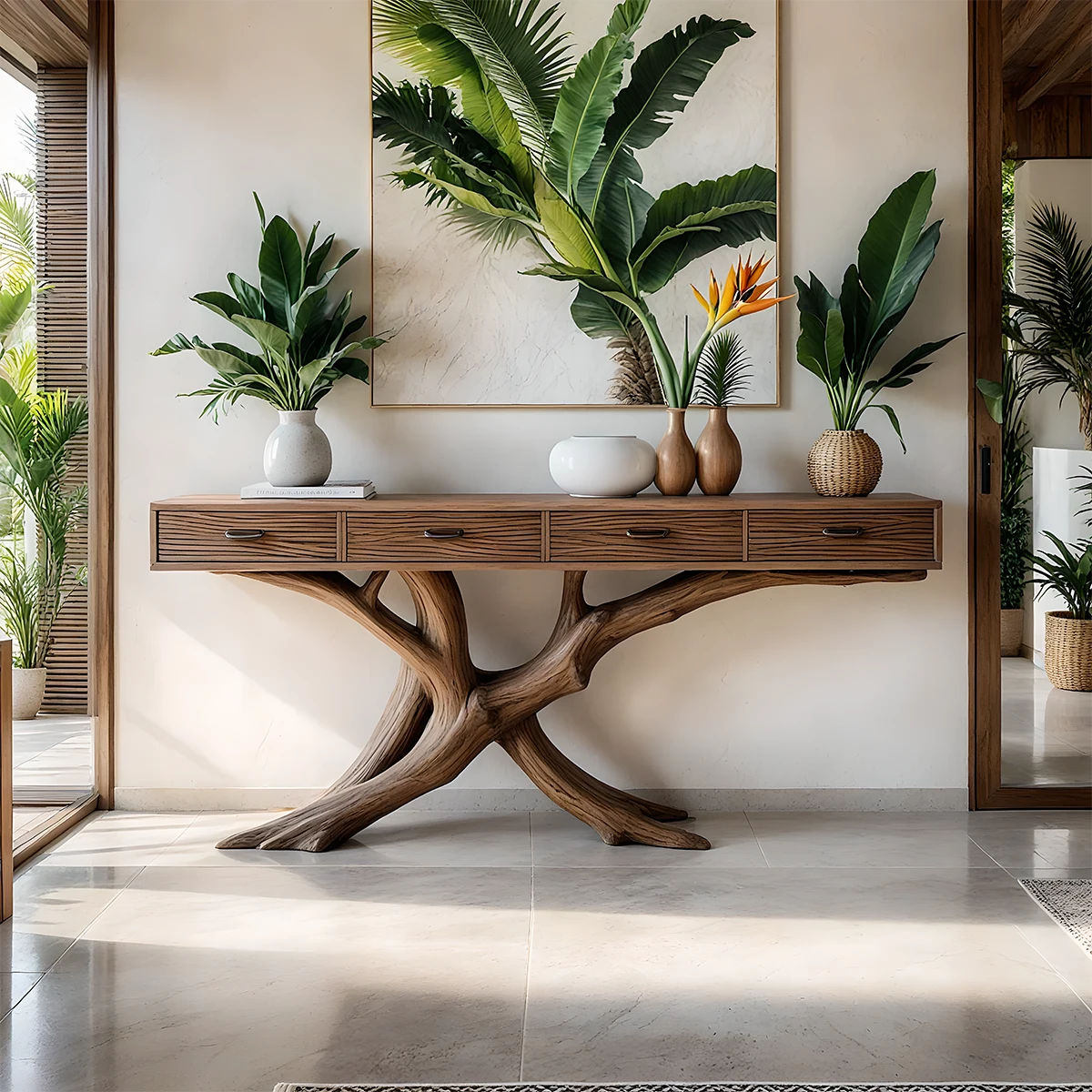 Solid Wood Console Table with Branch-Inspired Sculptural Base & Drawers - Rustira