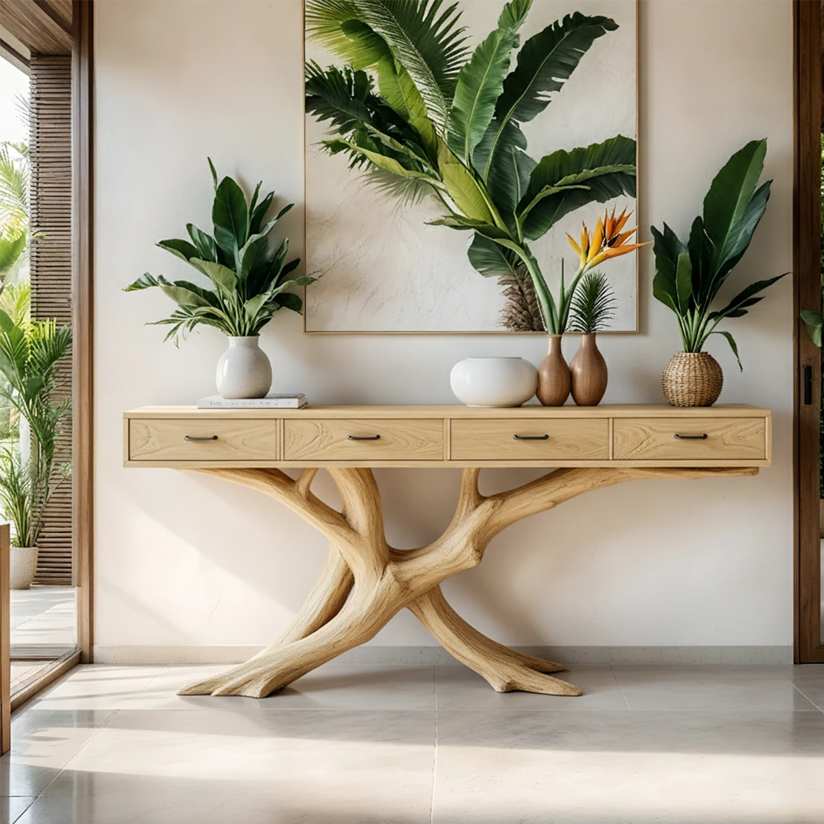 Solid Wood Console Table with Branch-Inspired Sculptural Base & Drawers - Rustira