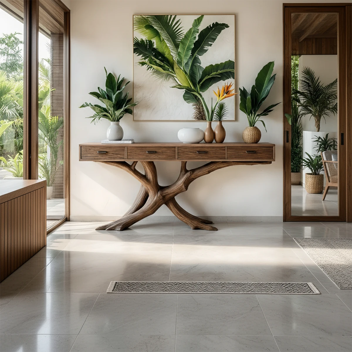 Solid Wood Console Table with Branch-Inspired Sculptural Base & Drawers - Rustira