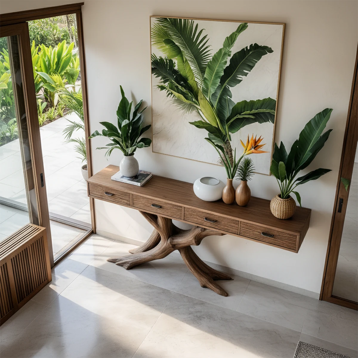 Solid Wood Console Table with Branch-Inspired Sculptural Base & Drawers - Rustira