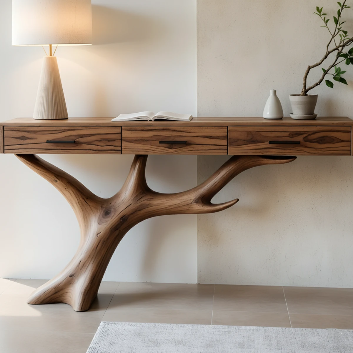 Solid Wood Console Table with Branch-Sculpted Base & Drawers - Rustira