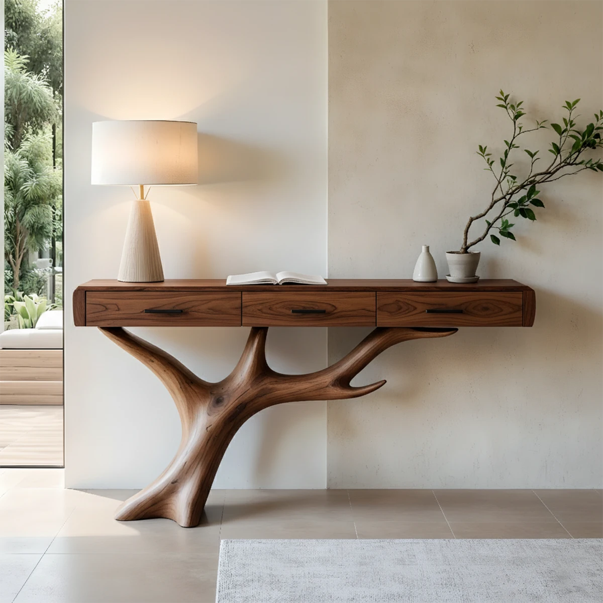 Solid Wood Console Table with Branch-Sculpted Base & Drawers - Rustira