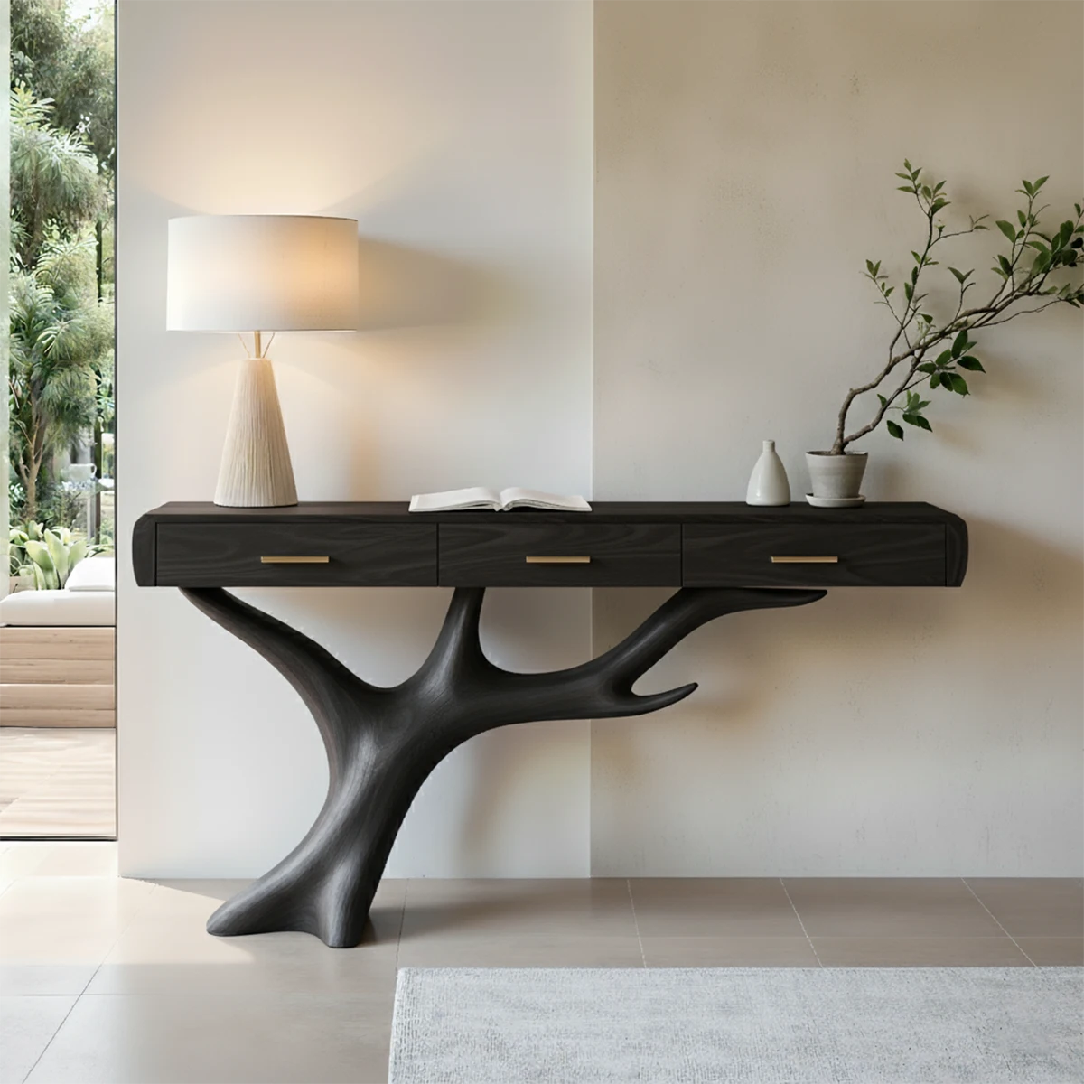 Solid Wood Console Table with Branch-Sculpted Base & Drawers - Rustira