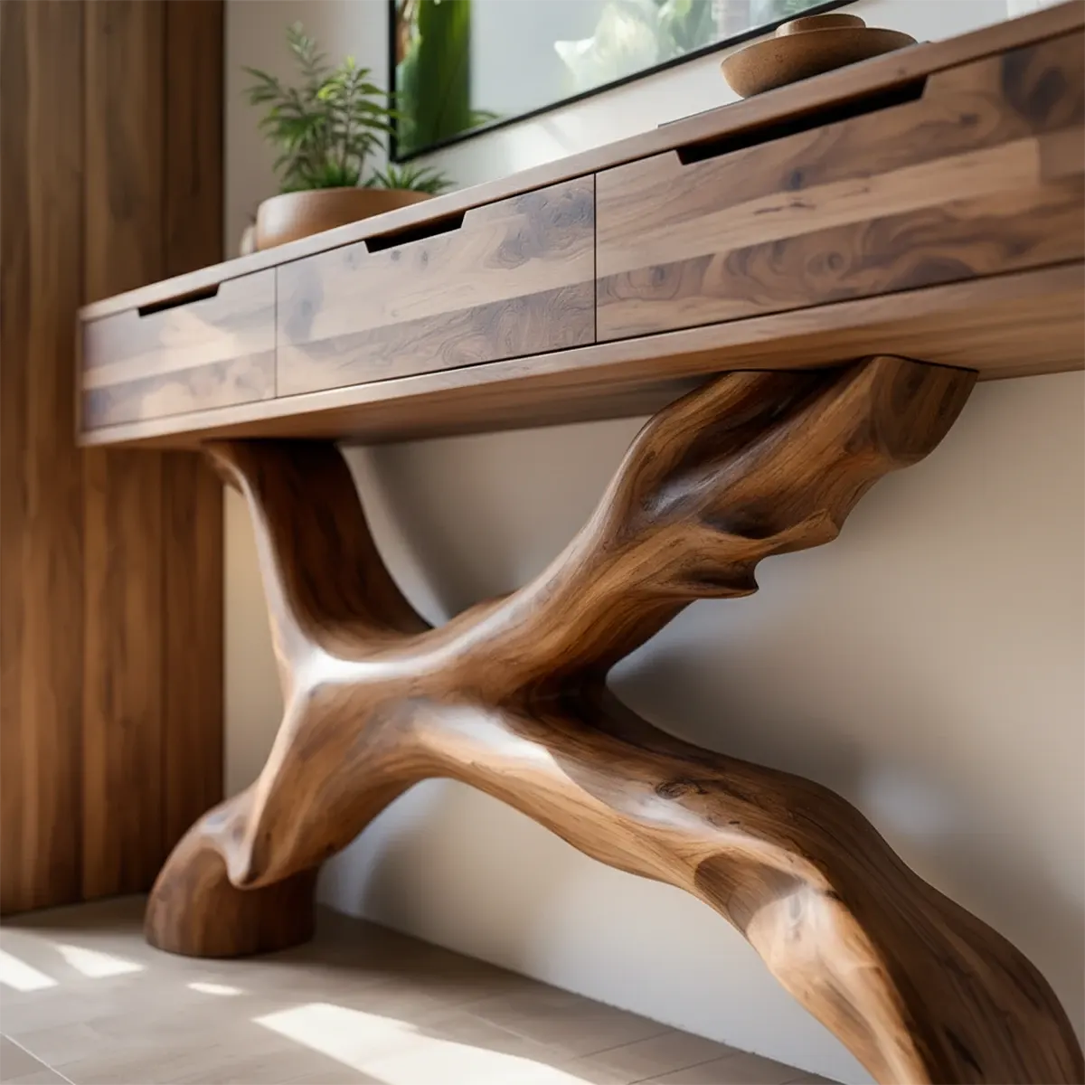 Solid Wood Console Table with Branch-Sculpted Base & Drawers - Rustira