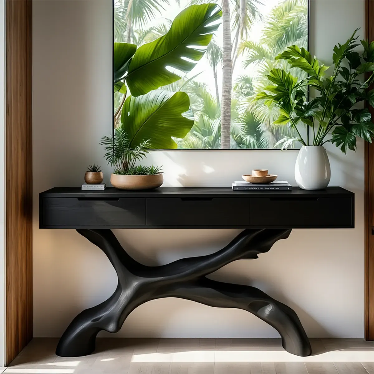 Solid Wood Console Table with Branch-Sculpted Base & Drawers - Rustira