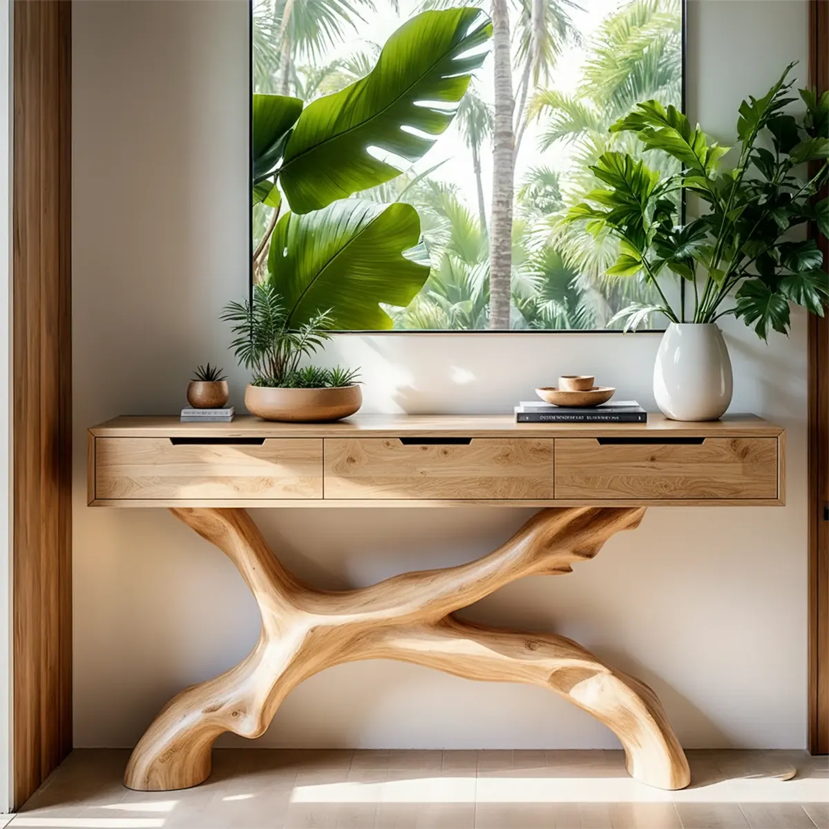 Solid Wood Console Table with Branch-Sculpted Base & Drawers - Rustira