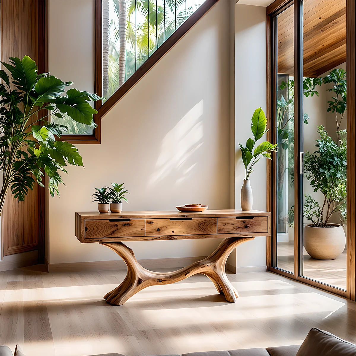 Solid Wood Console Table with Branch-Sculpted Base & Three Drawers - Rustira