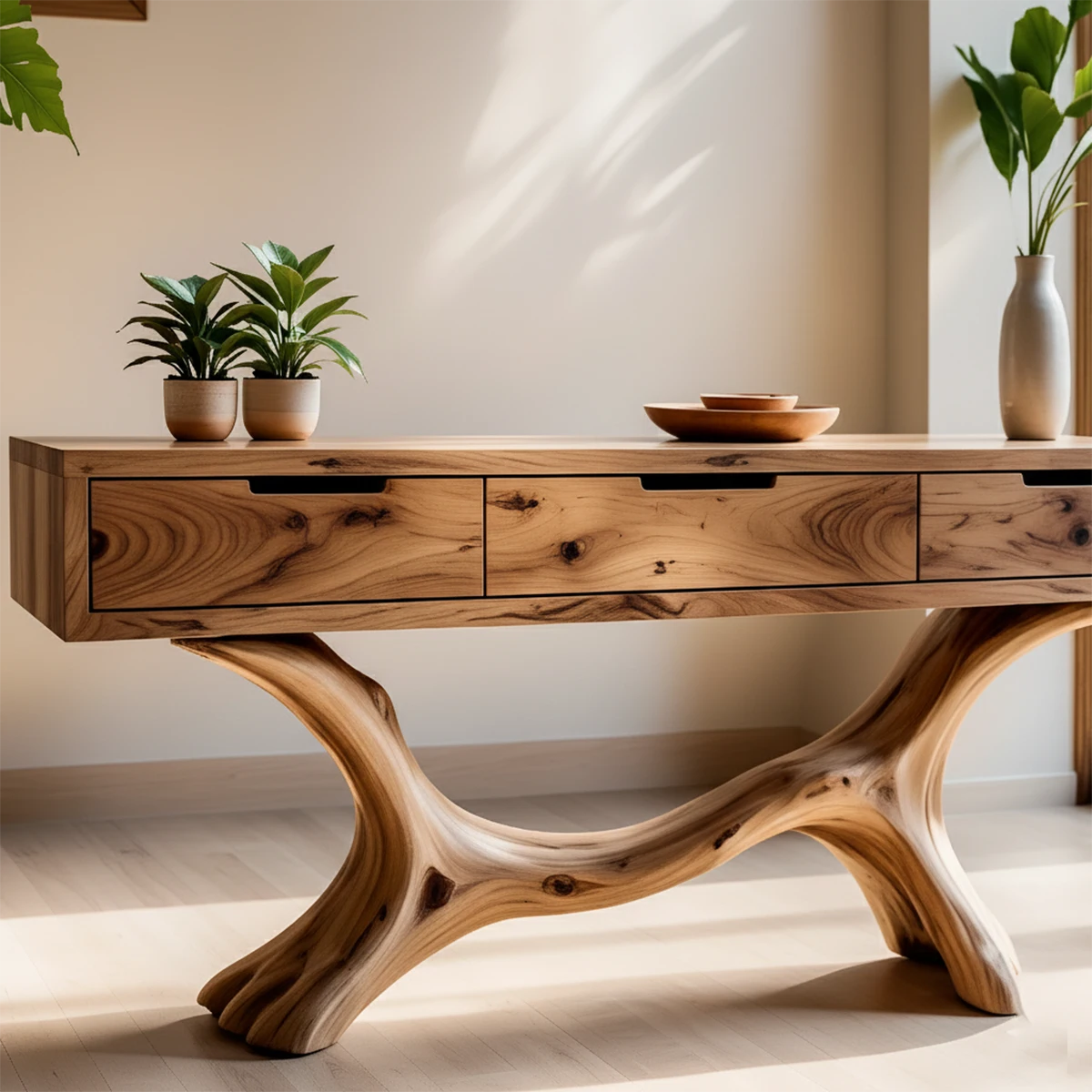 Solid Wood Console Table with Branch-Sculpted Base & Three Drawers - Rustira