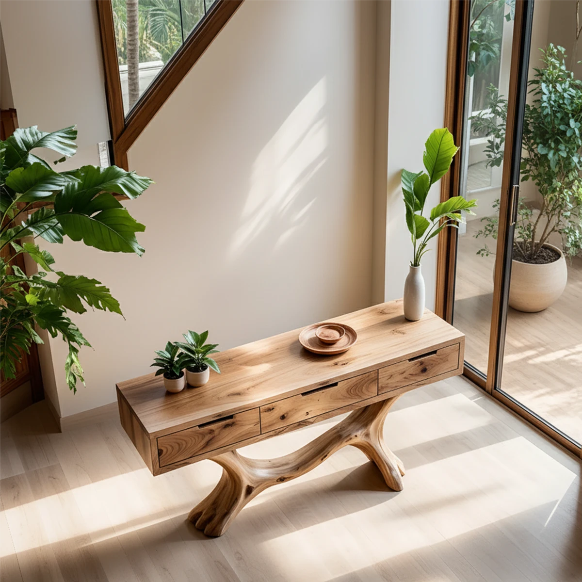 Solid Wood Console Table with Branch-Sculpted Base & Three Drawers - Rustira