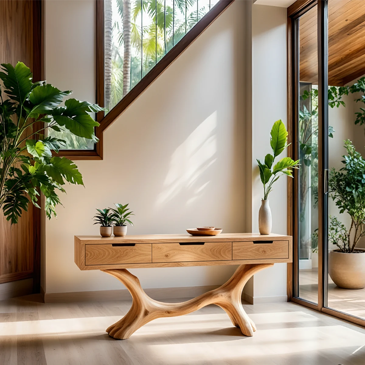 Solid Wood Console Table with Branch-Sculpted Base & Three Drawers - Rustira