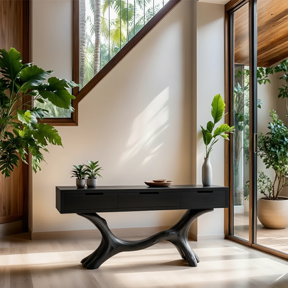 Solid Wood Console Table with Branch-Sculpted Base & Three Drawers - Rustira