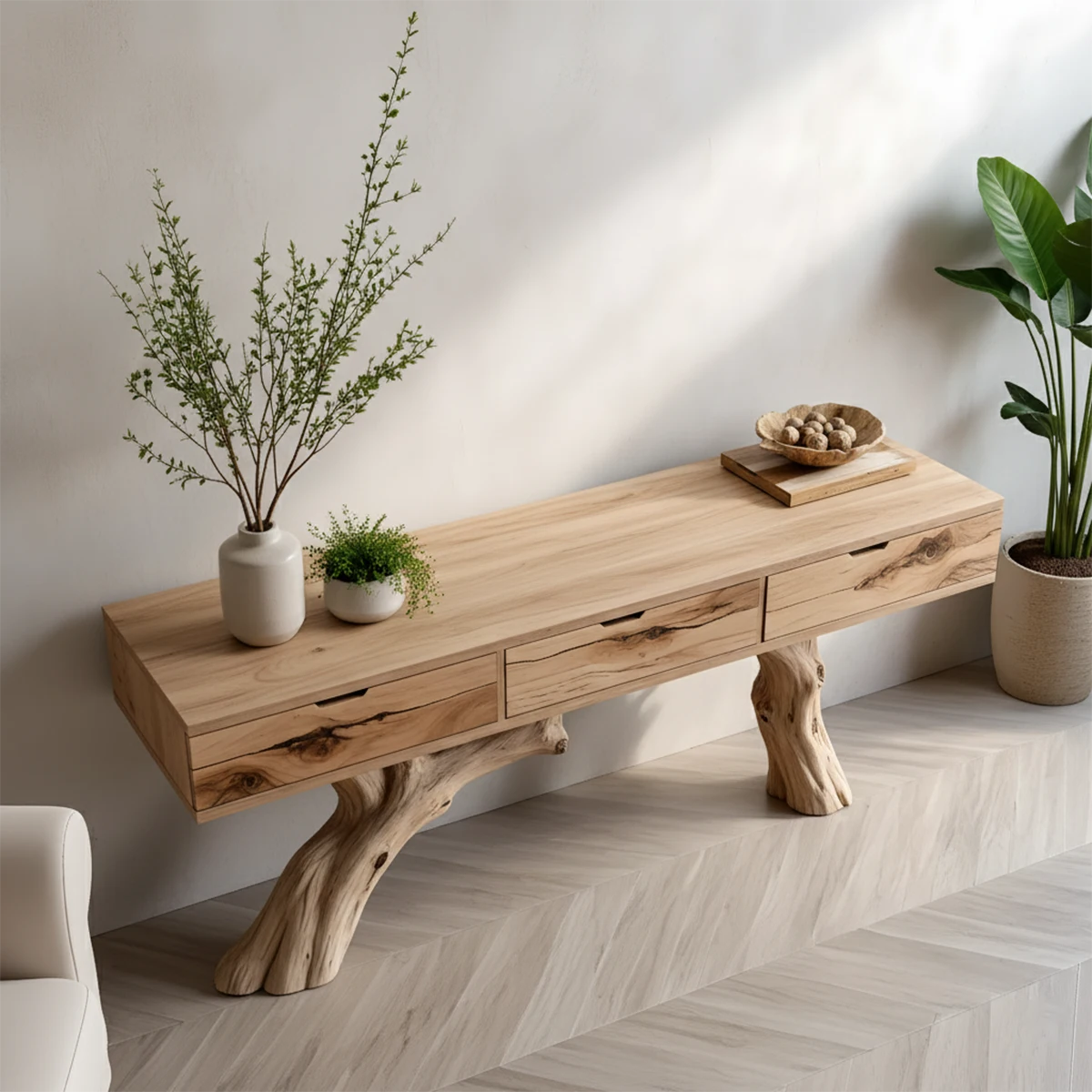 Solid Wood Console Table with Branch-Style Base & Hidden Pull Drawers - Rustira