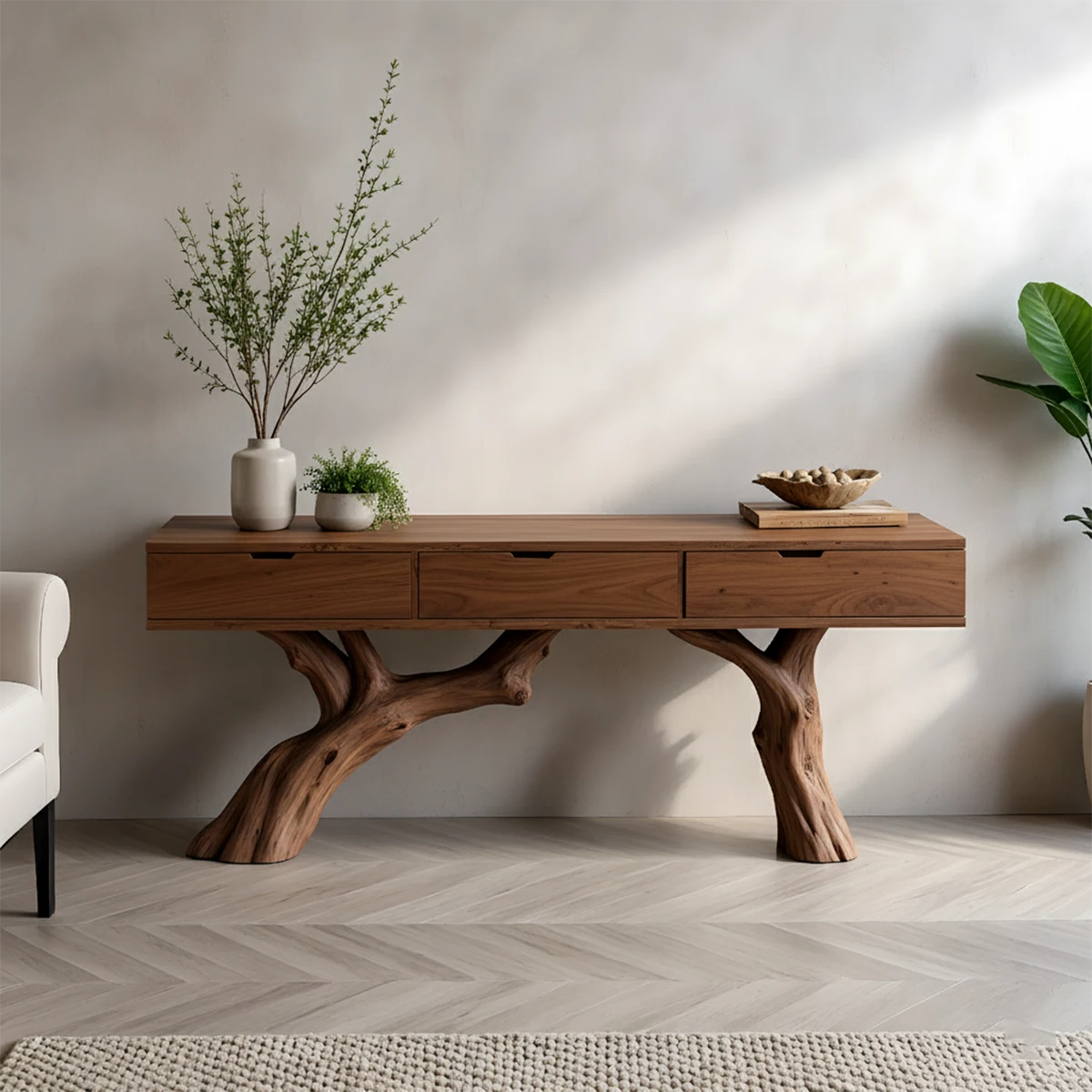 Solid Wood Console Table with Branch-Style Base & Hidden Pull Drawers - Rustira