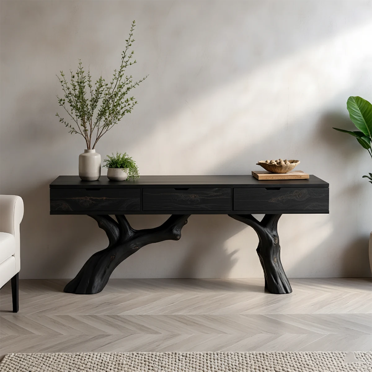 Solid Wood Console Table with Branch-Style Base & Hidden Pull Drawers - Rustira