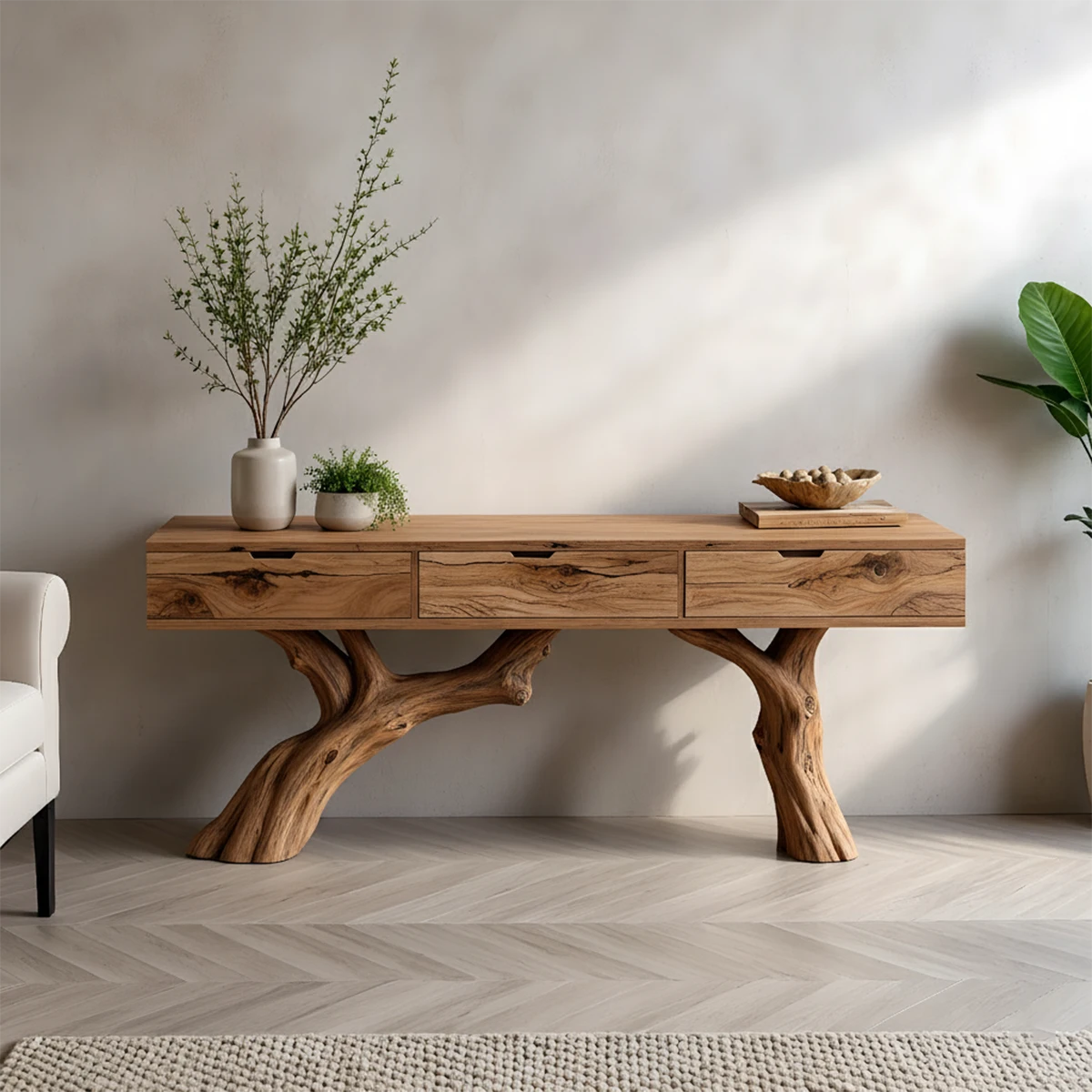 Solid Wood Console Table with Branch-Style Base & Hidden Pull Drawers - Rustira