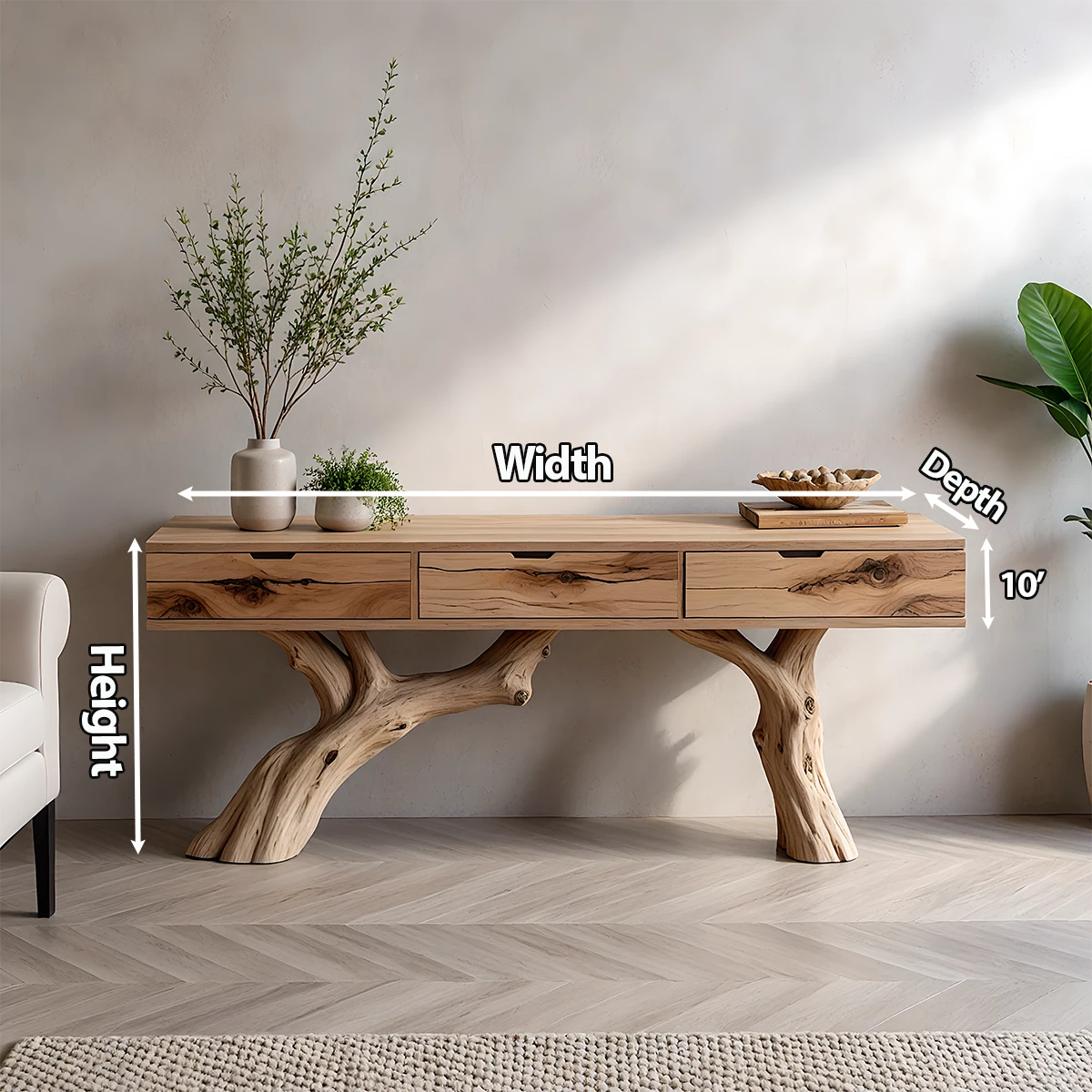 Solid Wood Console Table with Branch-Style Base & Hidden Pull Drawers - Rustira