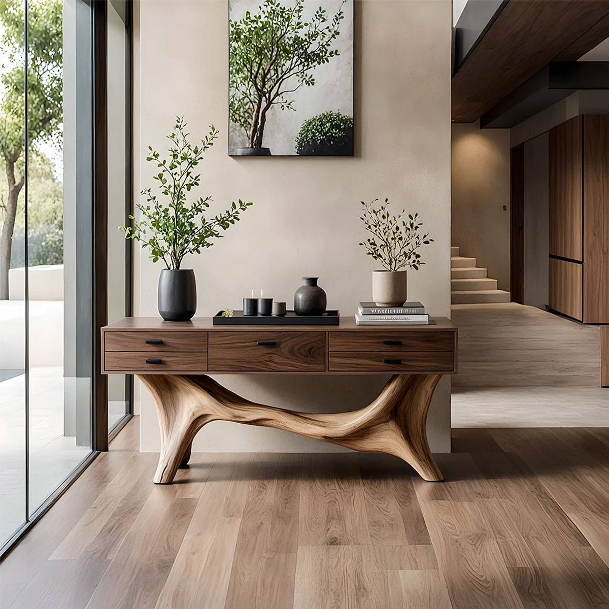 Solid Wood Console Table with Curved Branch Base & Drawers - Rustira