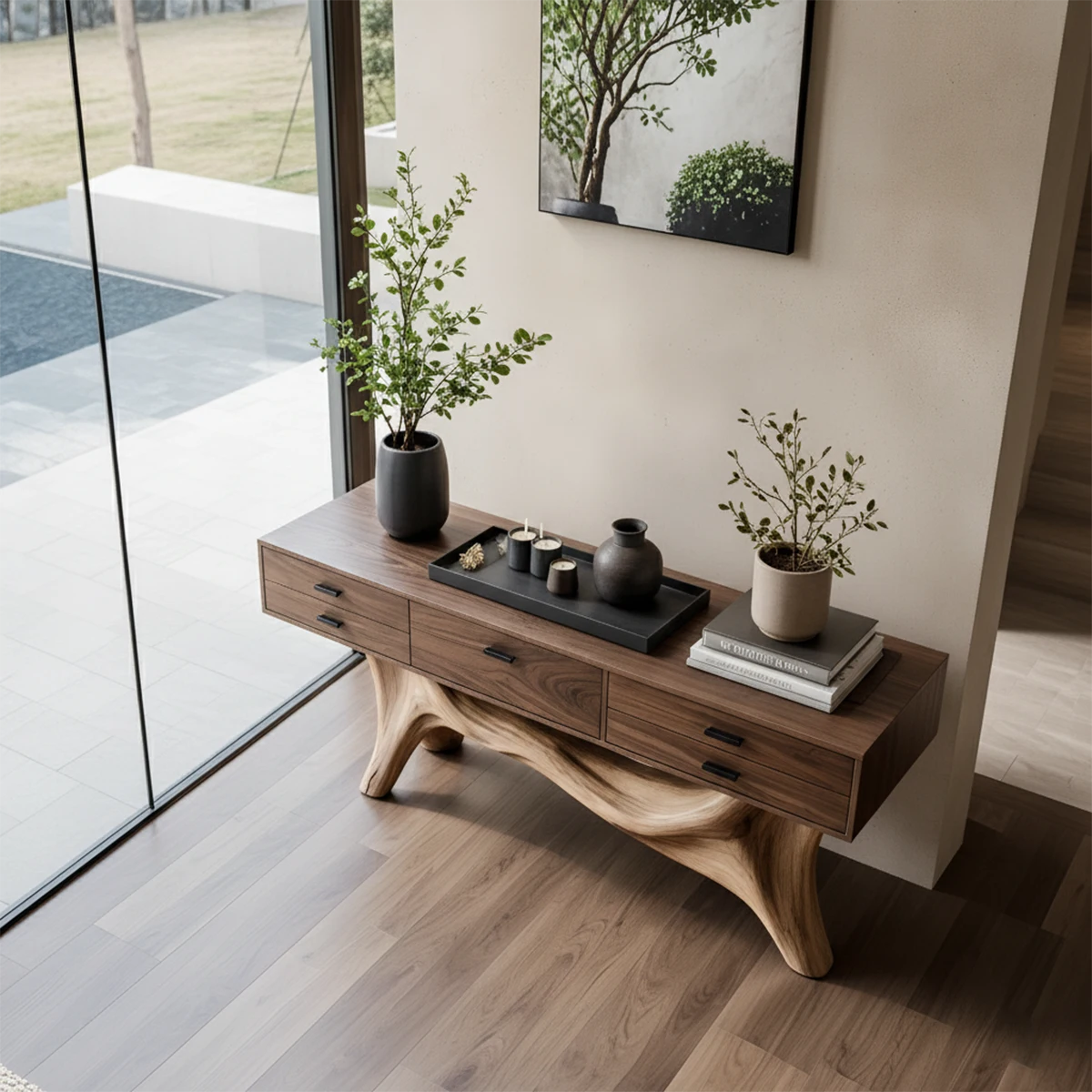 Solid Wood Console Table with Curved Branch Base & Drawers - Rustira