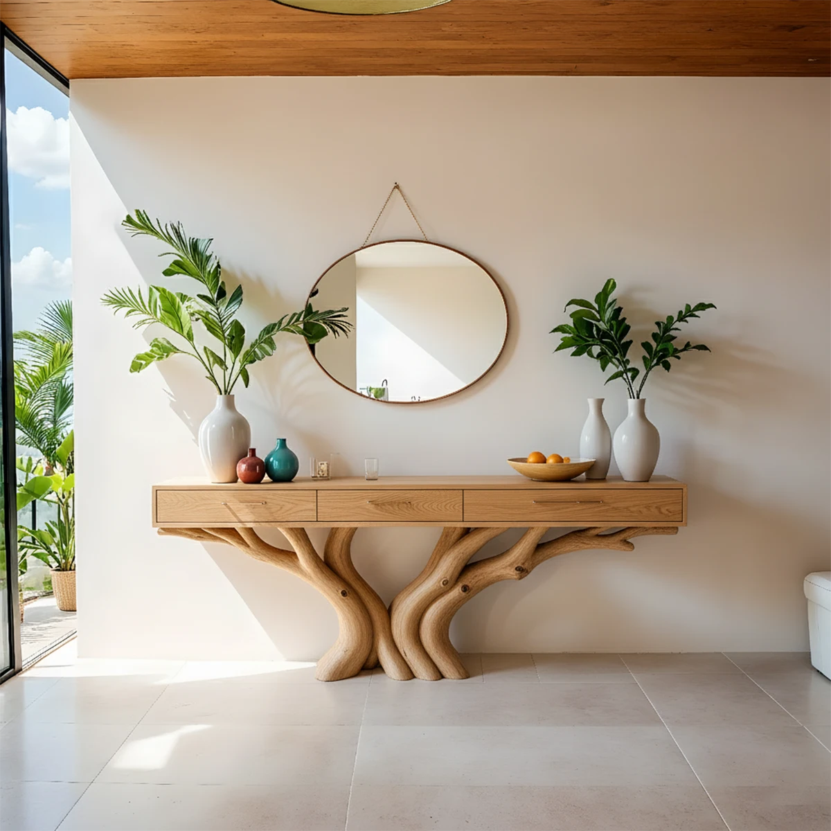 Solid Wood Console Table with Double Tree-Root Sculptural Base & Drawers - Rustira