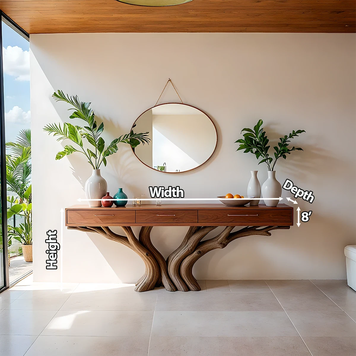 Solid Wood Console Table with Double Tree-Root Sculptural Base & Drawers - Rustira