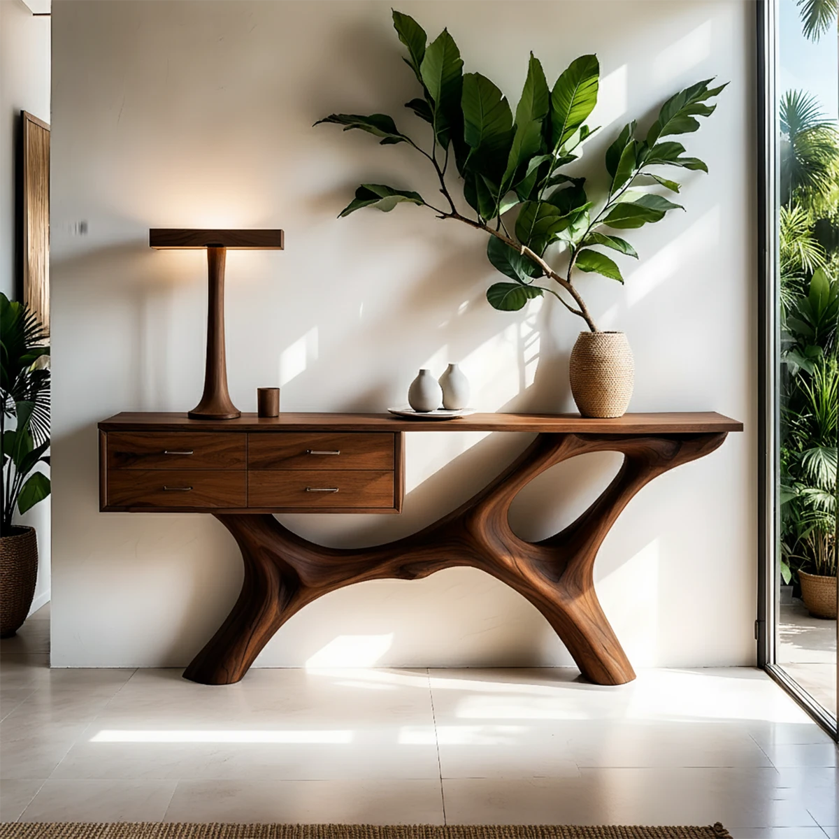 Solid Wood Console Table with Fluid Sculptural Base & Drawers - Rustira