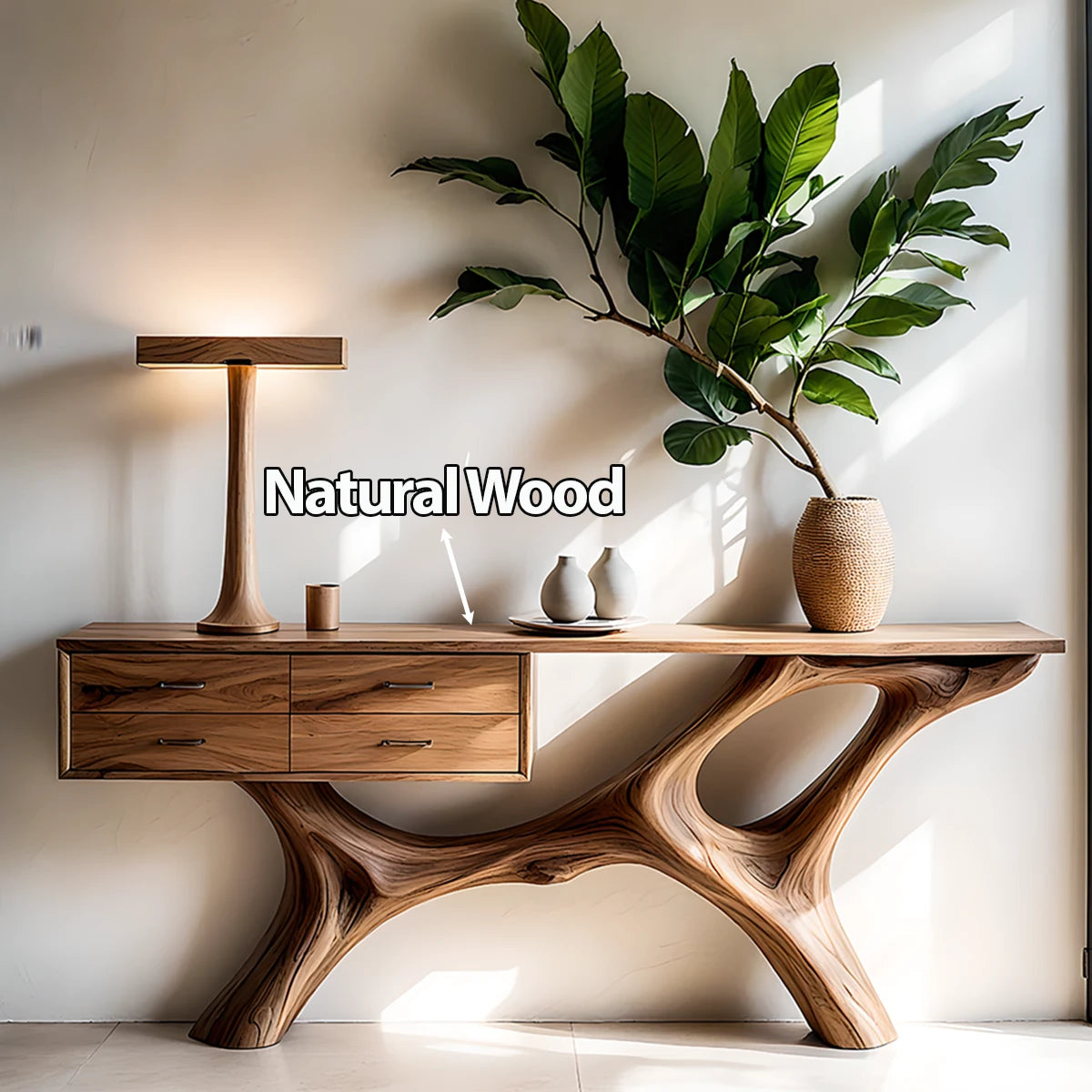 Solid Wood Console Table with Fluid Sculptural Base & Drawers - Rustira