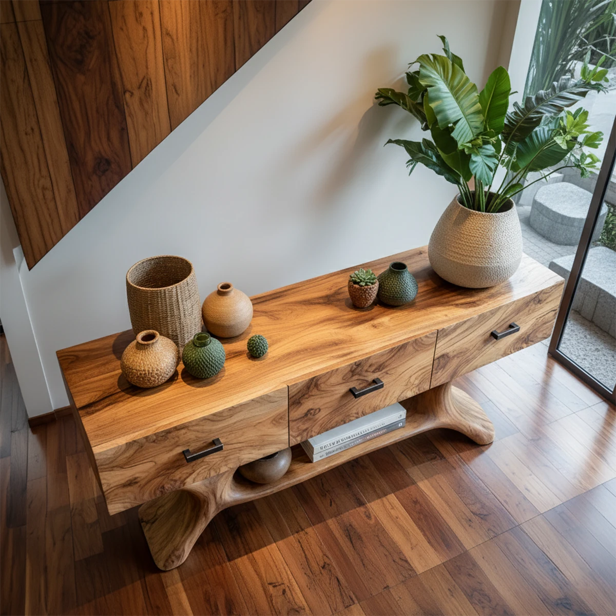 Solid Wood Console Table with Organic Sculptural Base & Drawers - Rustira