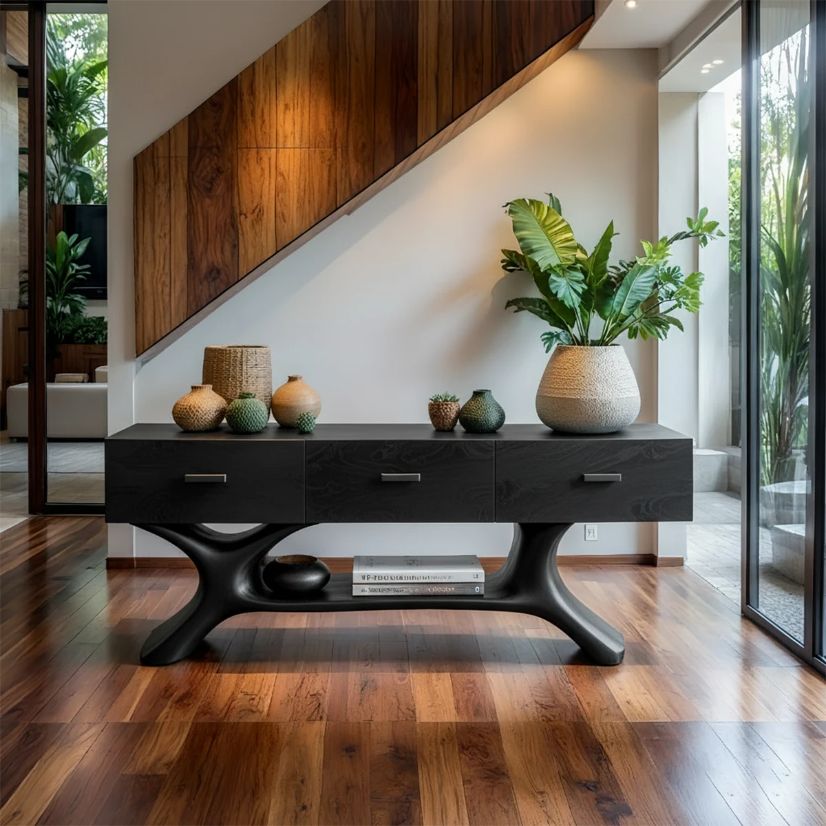 Solid Wood Console Table with Organic Sculptural Base & Drawers - Rustira