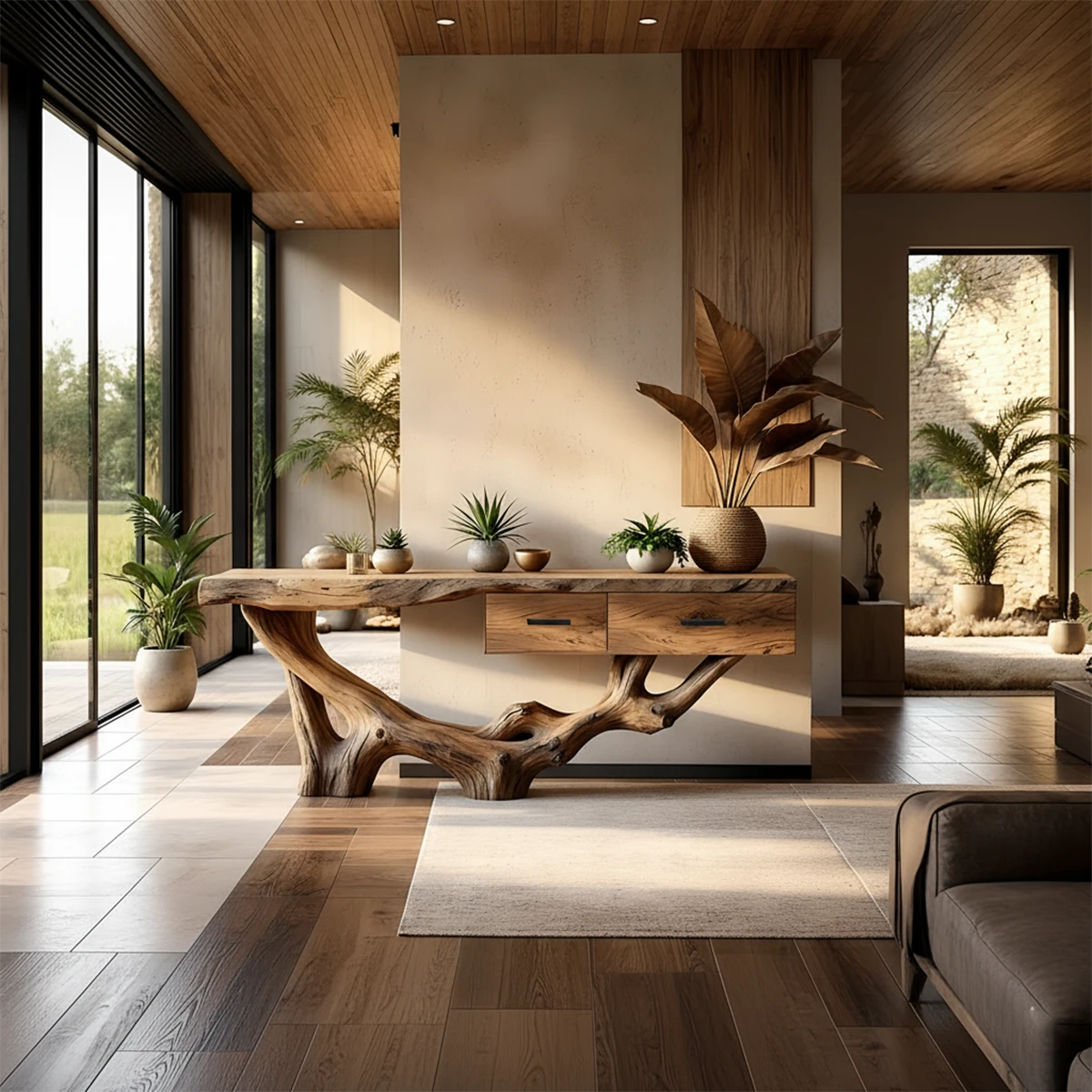 Solid Wood Console Table with Raw-Edge Top & Sculpted Root-Form Base - Rustira