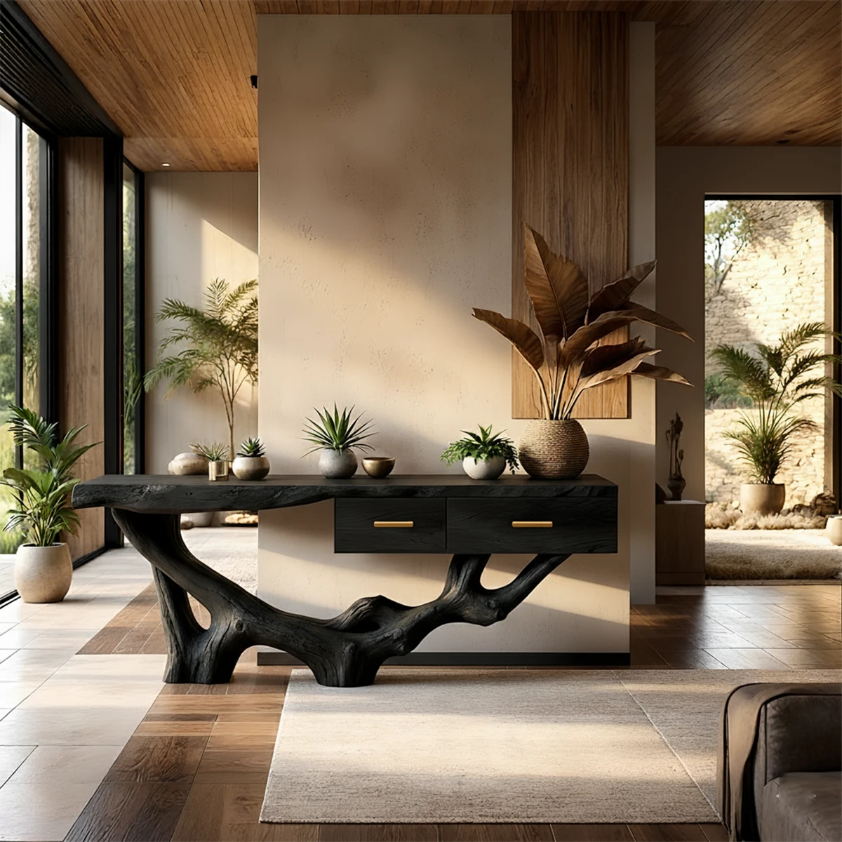 Solid Wood Console Table with Raw-Edge Top & Sculpted Root-Form Base - Rustira