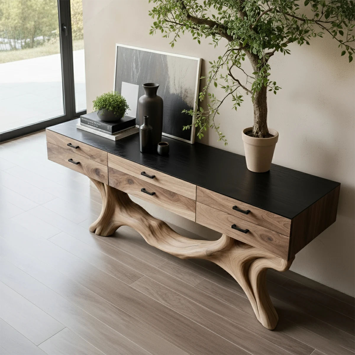 Solid Wood Console Table with Sculpted Branch-Form Base & Drawers - Rustira