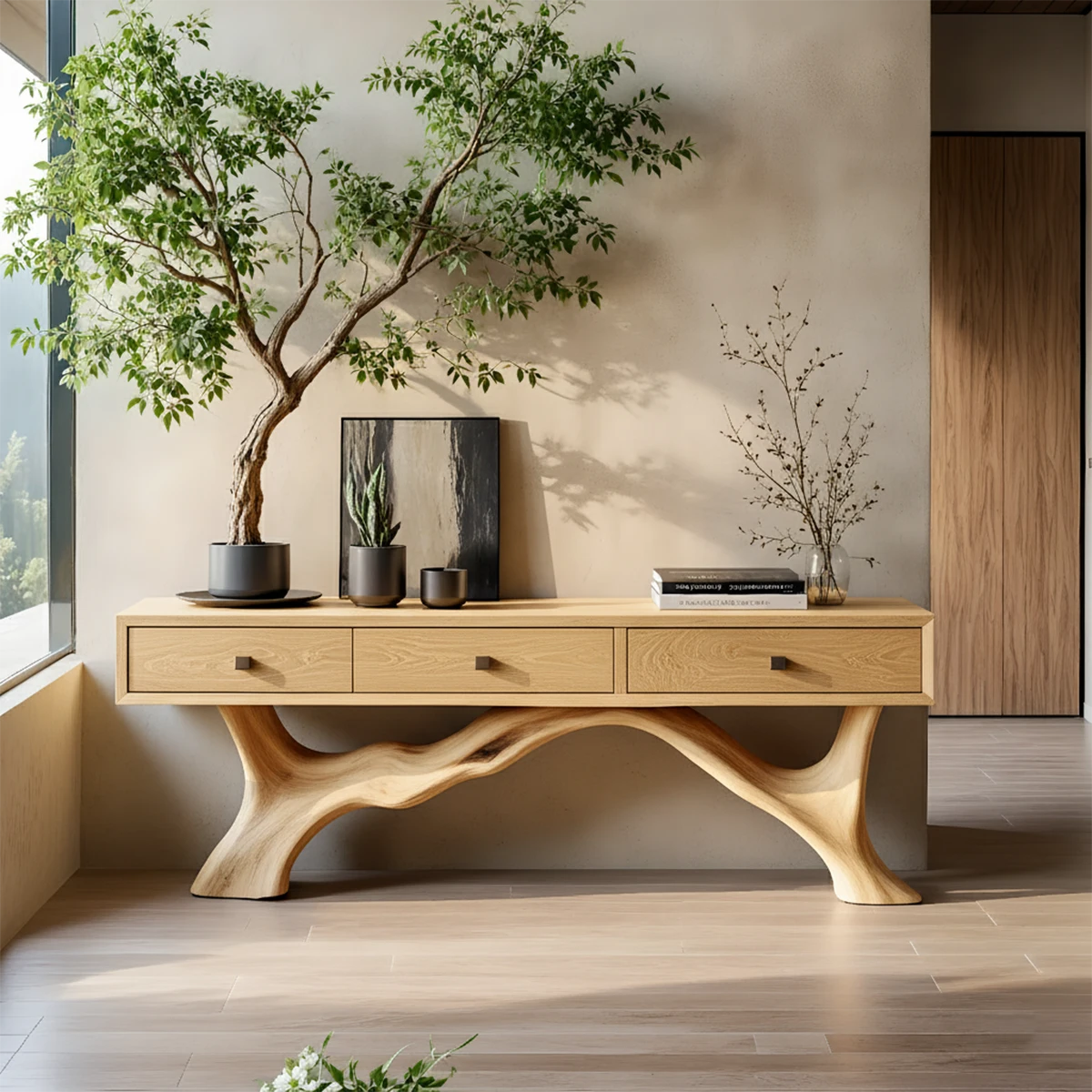 Solid Wood Console Table with Sculpted Root-Inspired Base & Drawers - Rustira