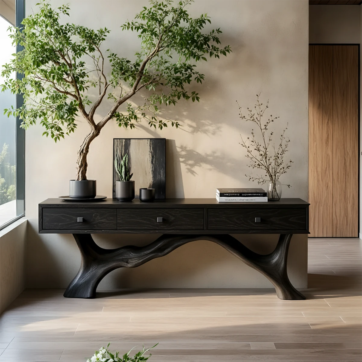 Solid Wood Console Table with Sculpted Root-Inspired Base & Drawers - Rustira