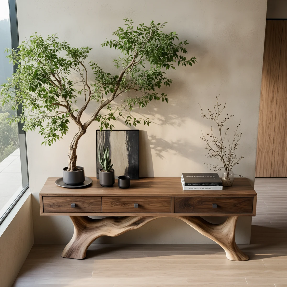 Solid Wood Console Table with Sculpted Root-Inspired Base & Drawers - Rustira