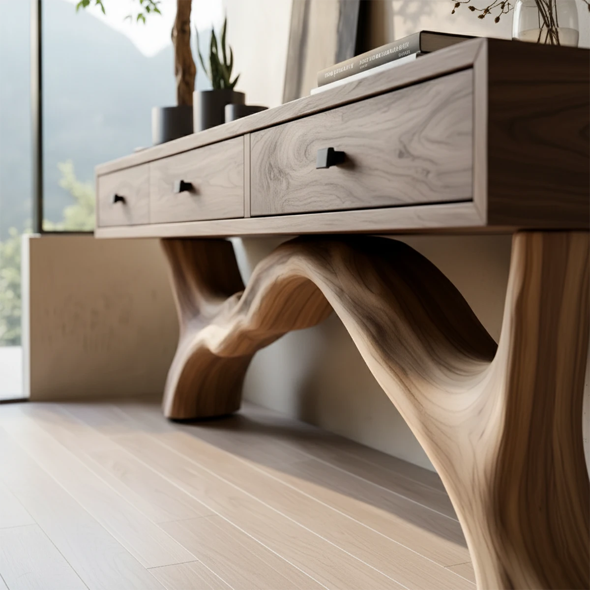 Solid Wood Console Table with Sculpted Root-Inspired Base & Drawers - Rustira