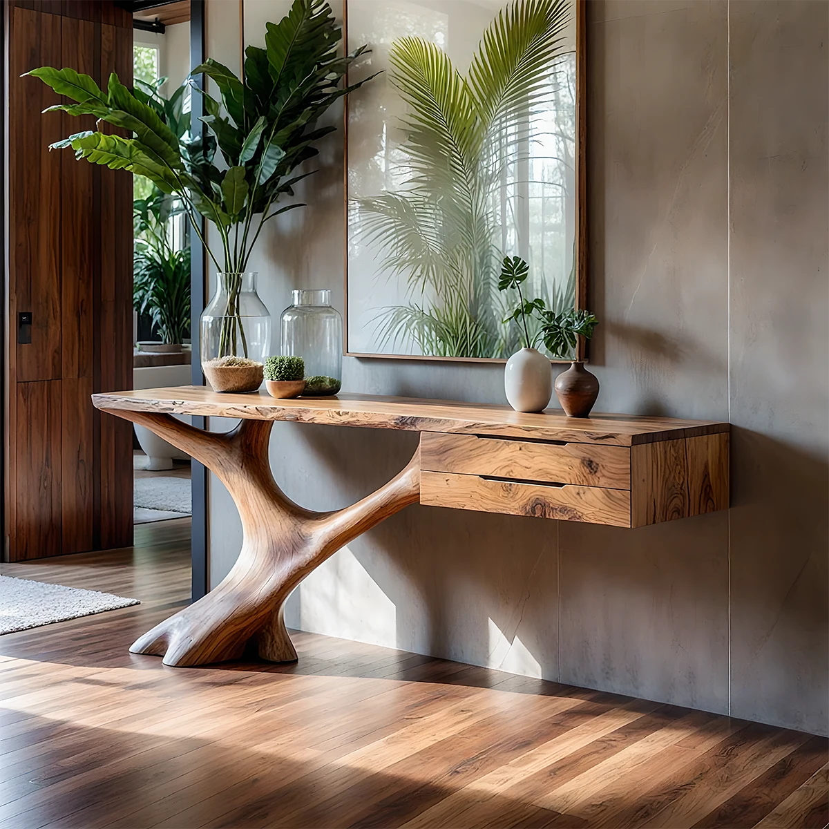 Solid Wood Console Table with Sculpted Tree-Root Base & Floating Drawers - Rustira
