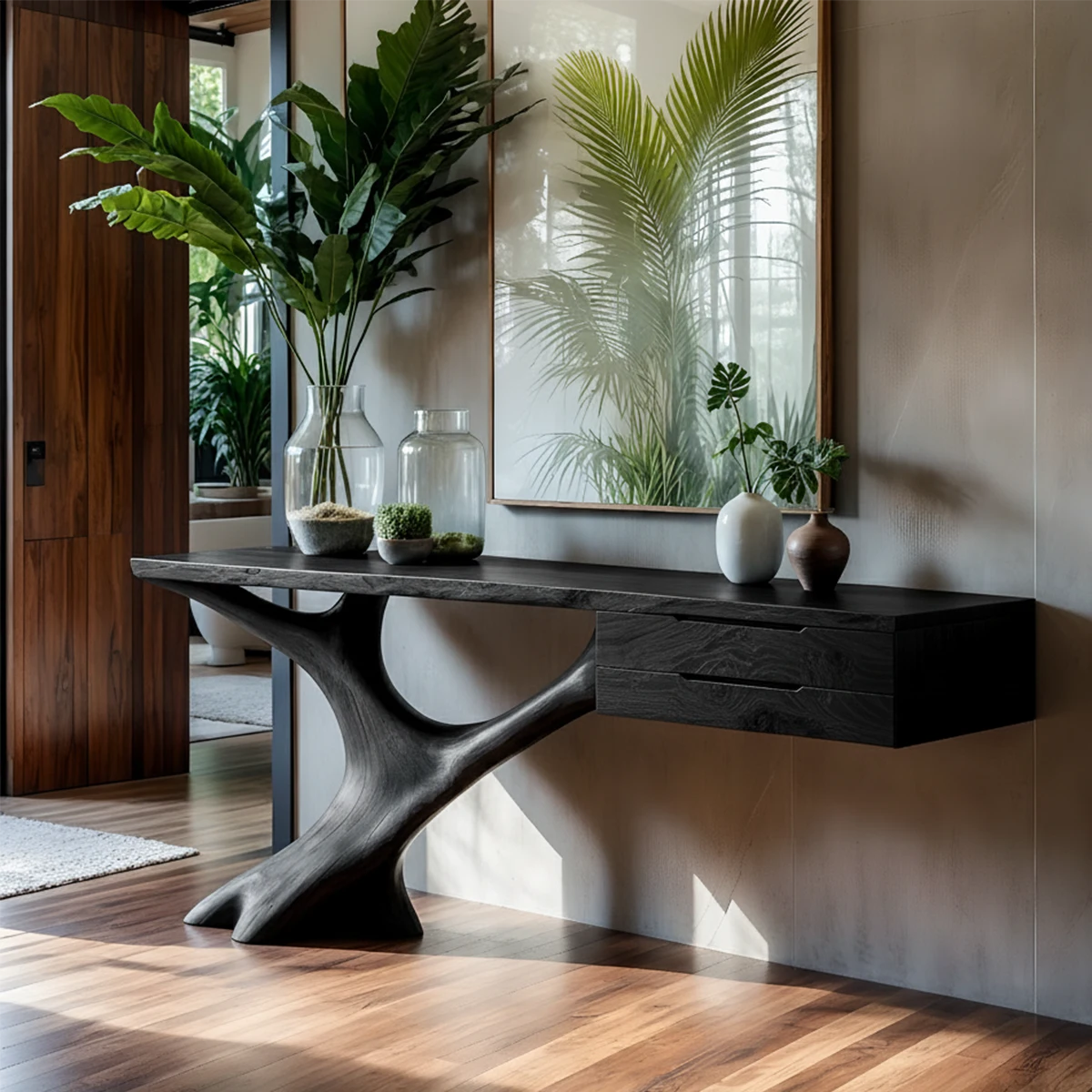 Solid Wood Console Table with Sculpted Tree-Root Base & Floating Drawers - Rustira