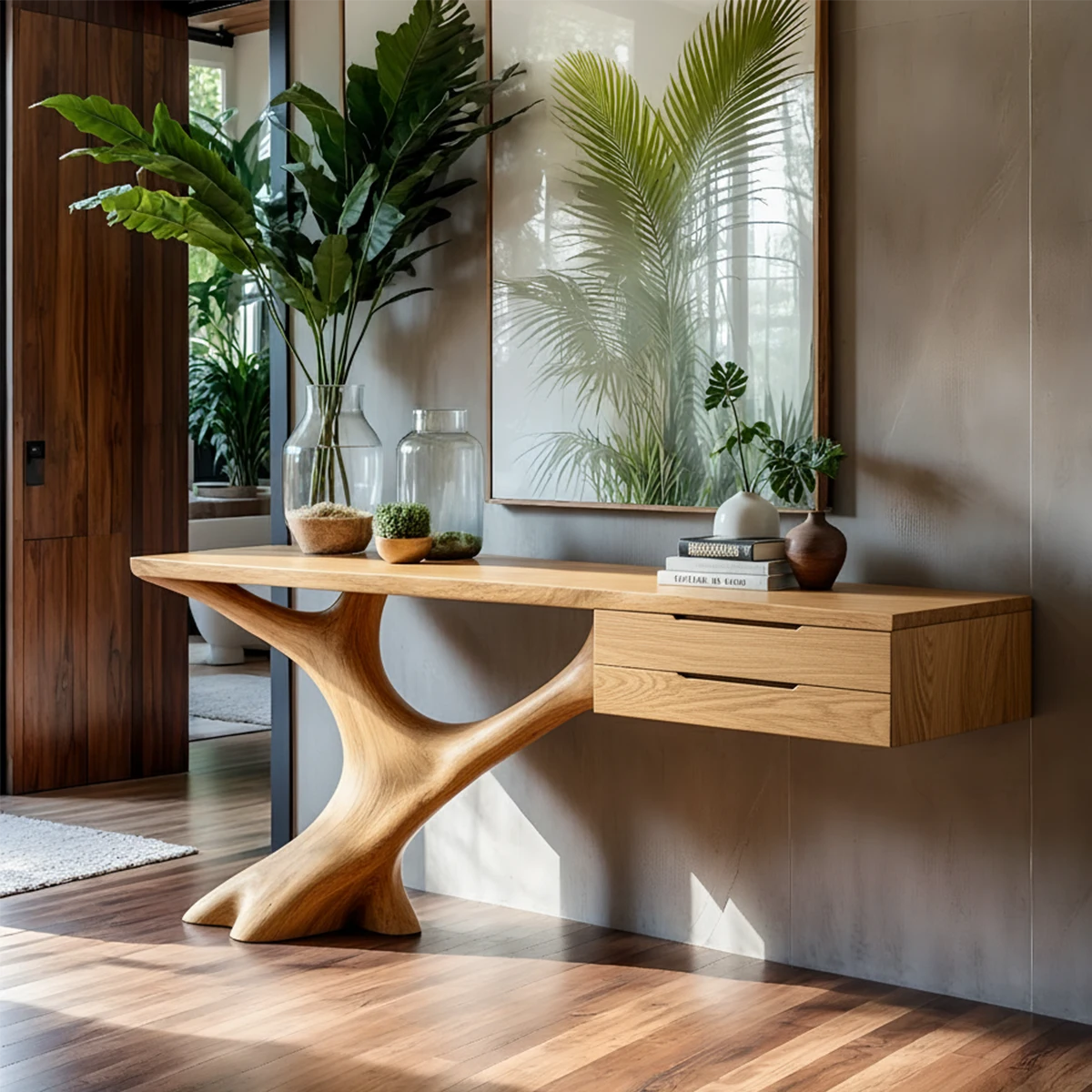 Solid Wood Console Table with Sculpted Tree-Root Base & Floating Drawers - Rustira