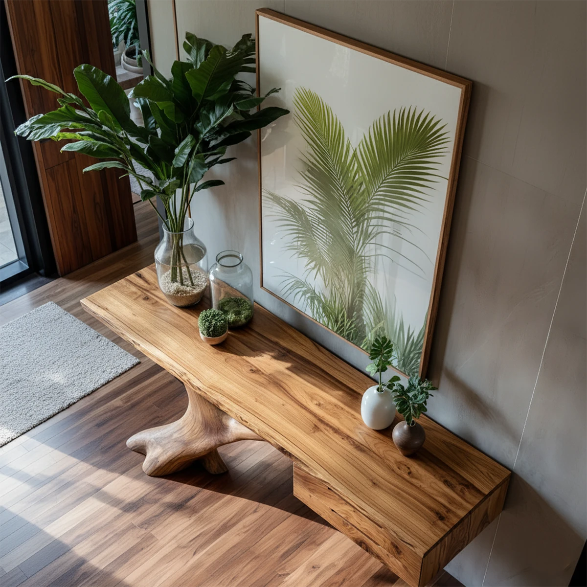 Solid Wood Console Table with Sculpted Tree-Root Base & Floating Drawers - Rustira
