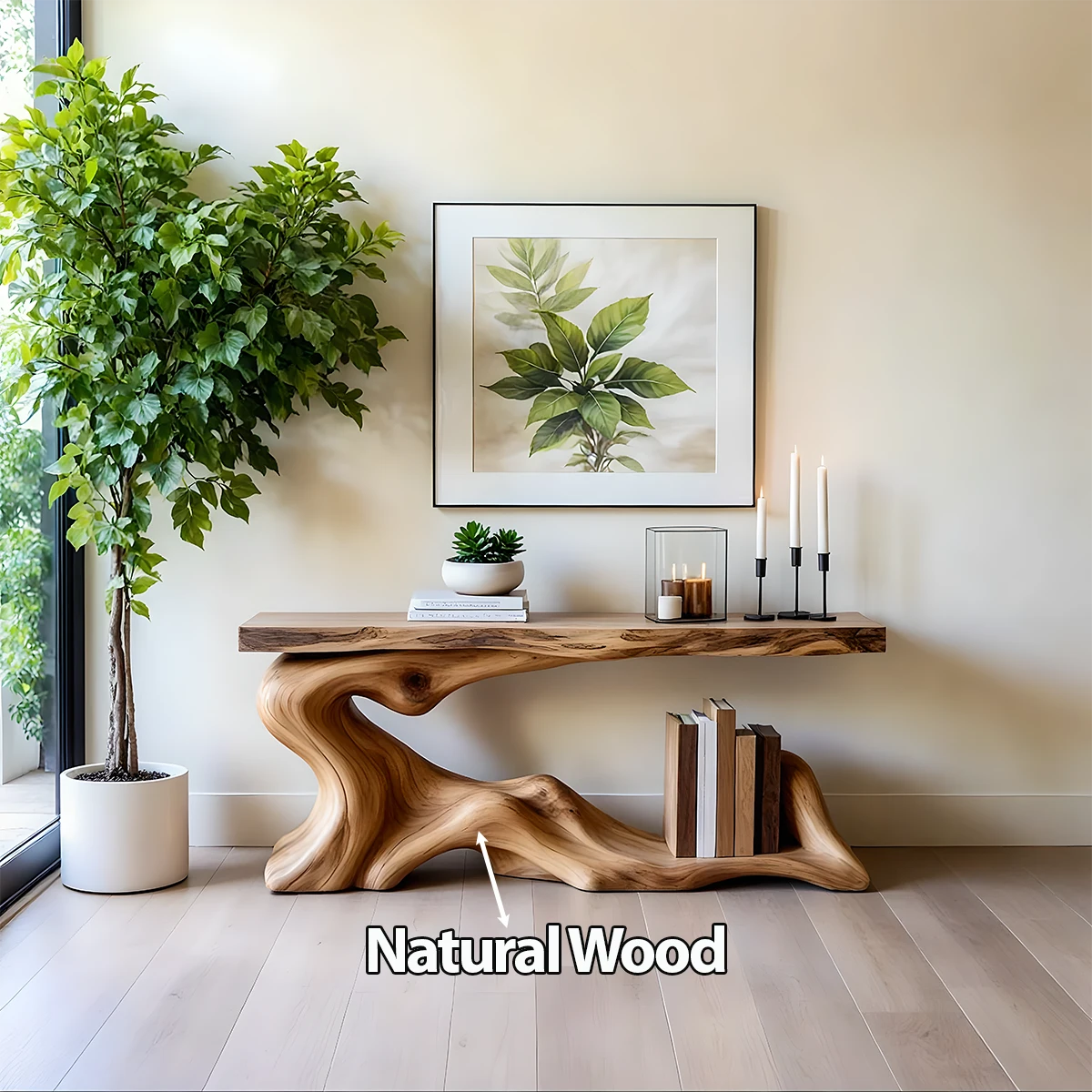 Solid Wood Console Table with Sculpted Wave-Form Base - Rustira