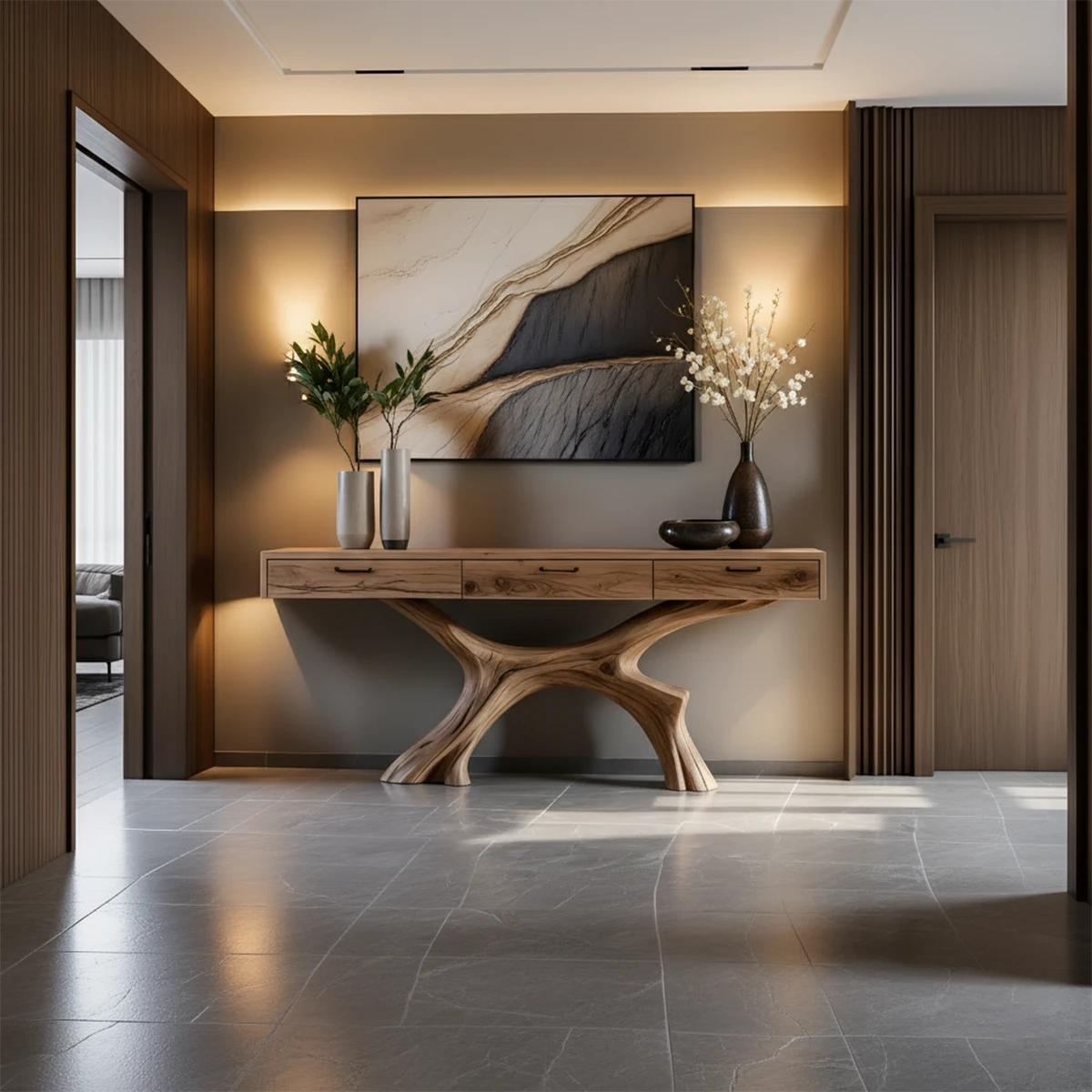 Solid Wood Console Table with Sculptural Branch-Form Base & Drawers - Rustira