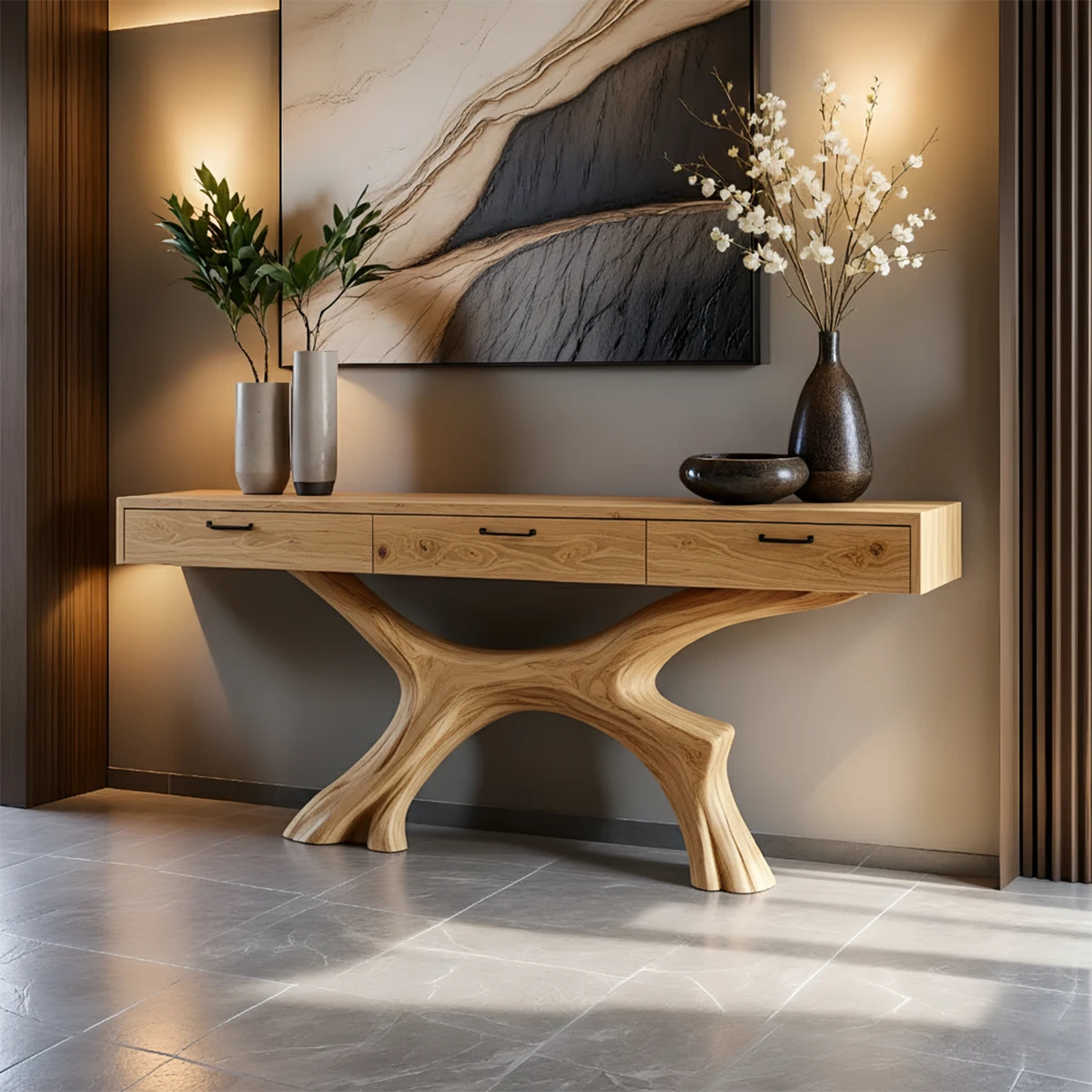 Solid Wood Console Table with Sculptural Branch-Form Base & Drawers - Rustira