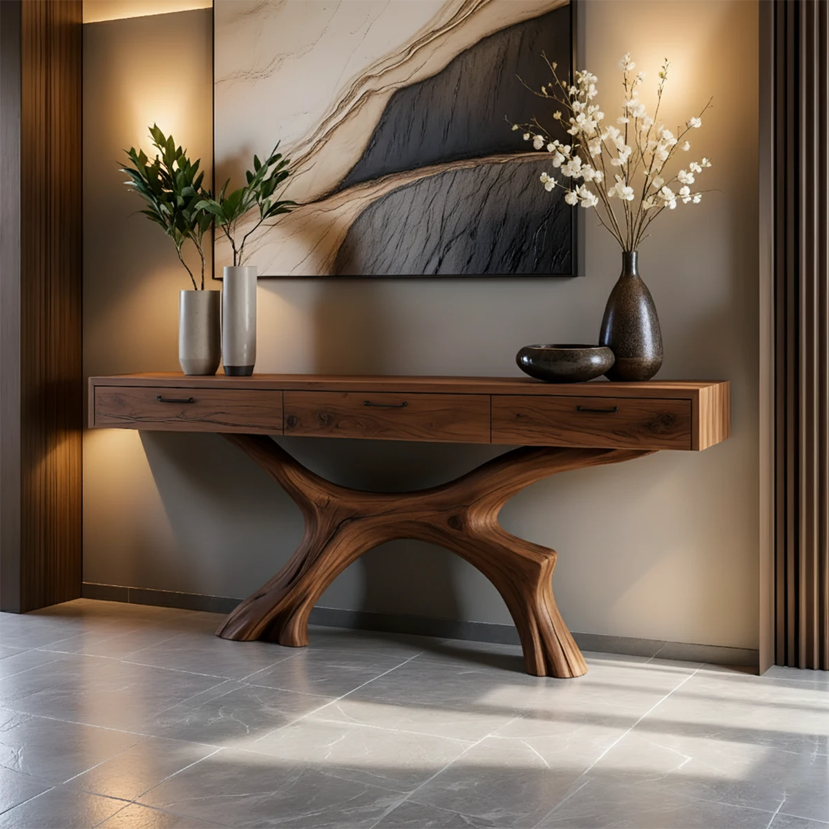 Solid Wood Console Table with Sculptural Branch-Form Base & Drawers - Rustira