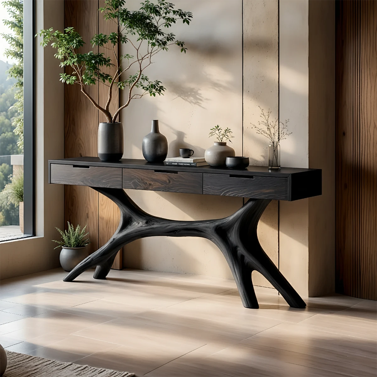 Solid Wood Console Table with Sculptural Branch-Form Base & Drawers - Rustira
